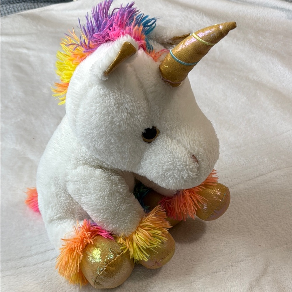 Plush Unicorn with Rainbow Mane and Gold Accents